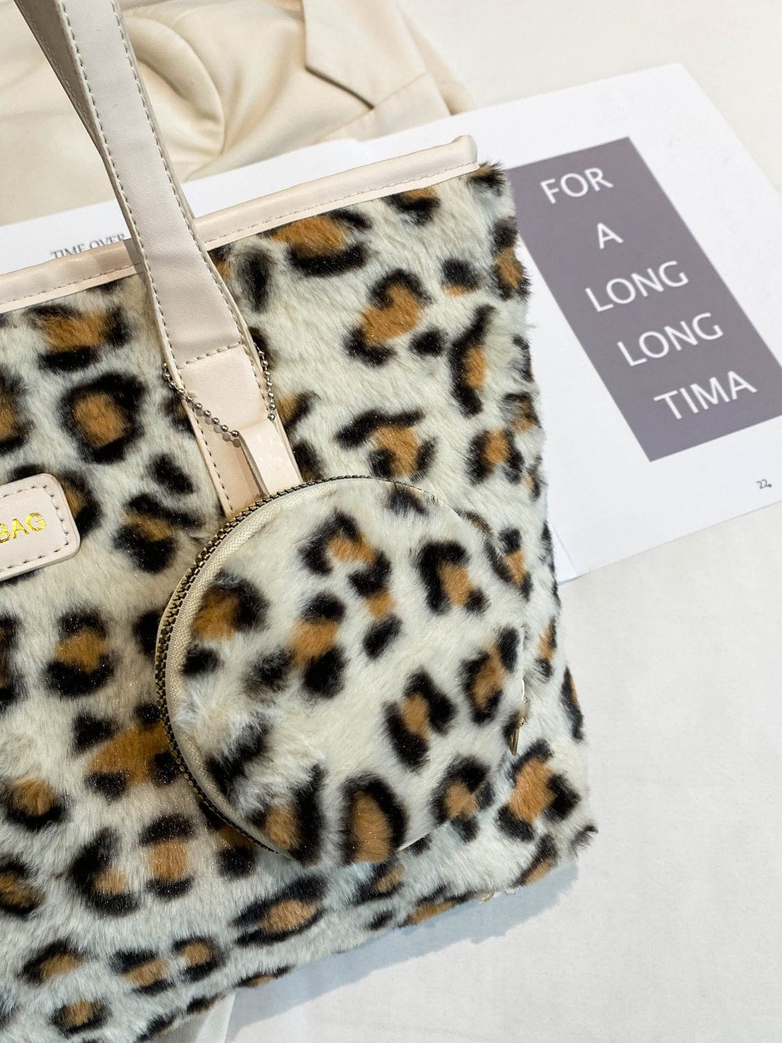 Leopard Faux Fur Tote Bag with Coin Purse - Trendsi