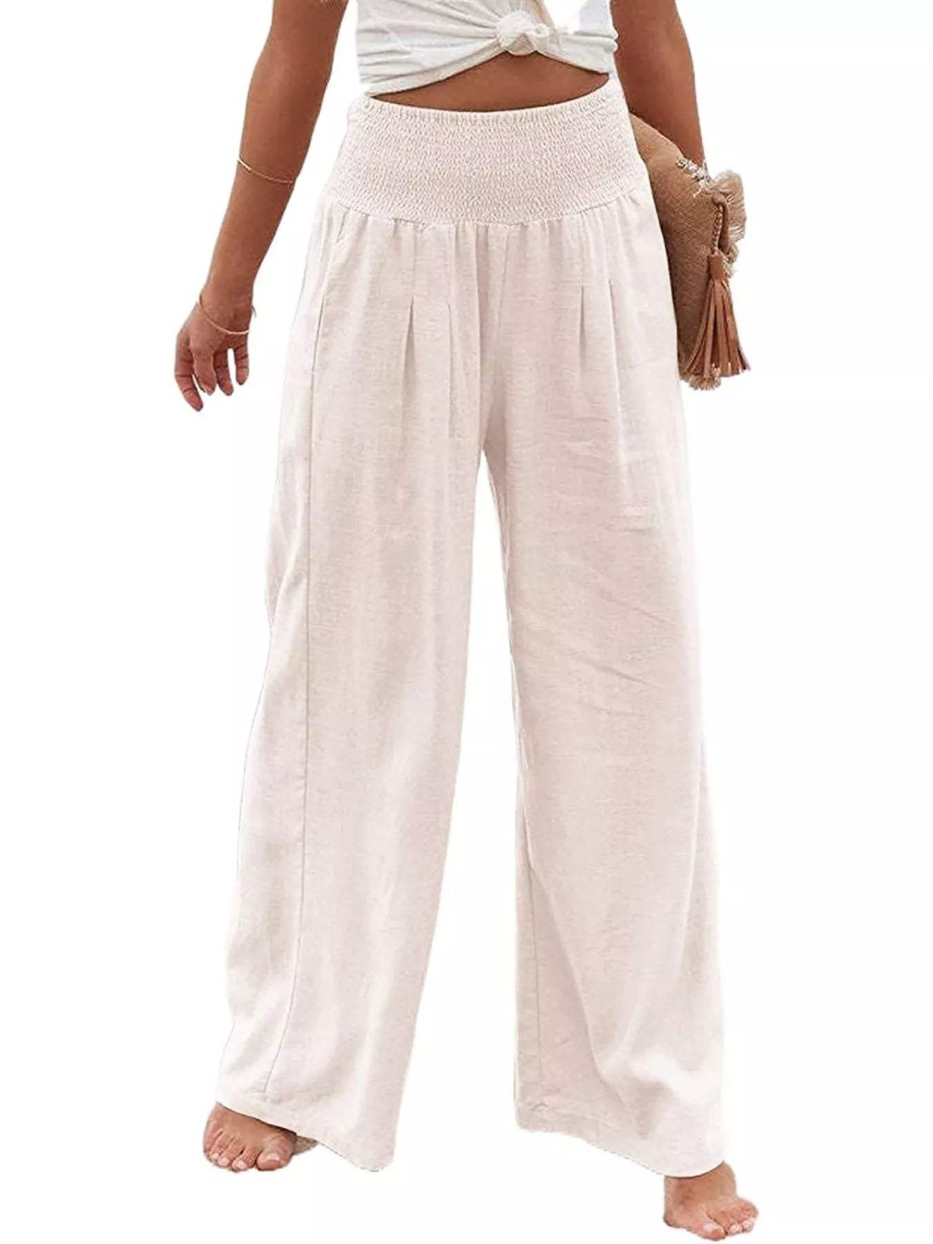 Smocked High Waisted Wide Leg Pants - Trendsi - Flyclothing LLC