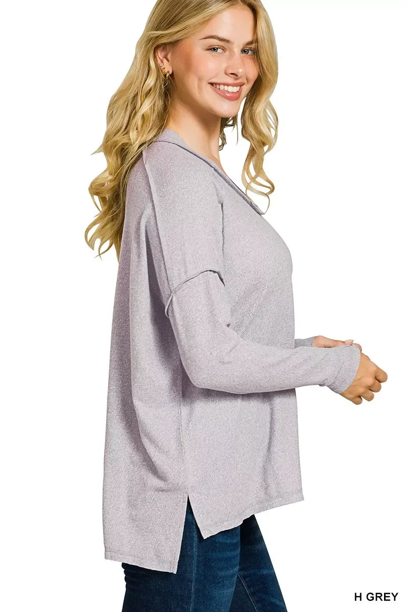 Zenana Soft Melange Hacci Exposed Seam Hi-low Tee - Trendsi - Flyclothing LLC