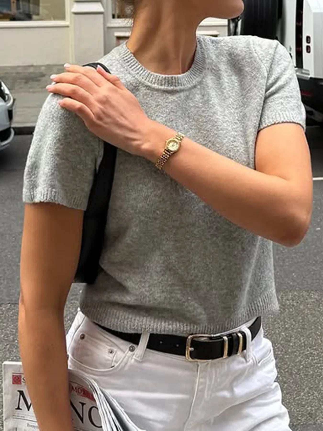 Round Neck Short Sleeve Sweater - Trendsi - Flyclothing LLC