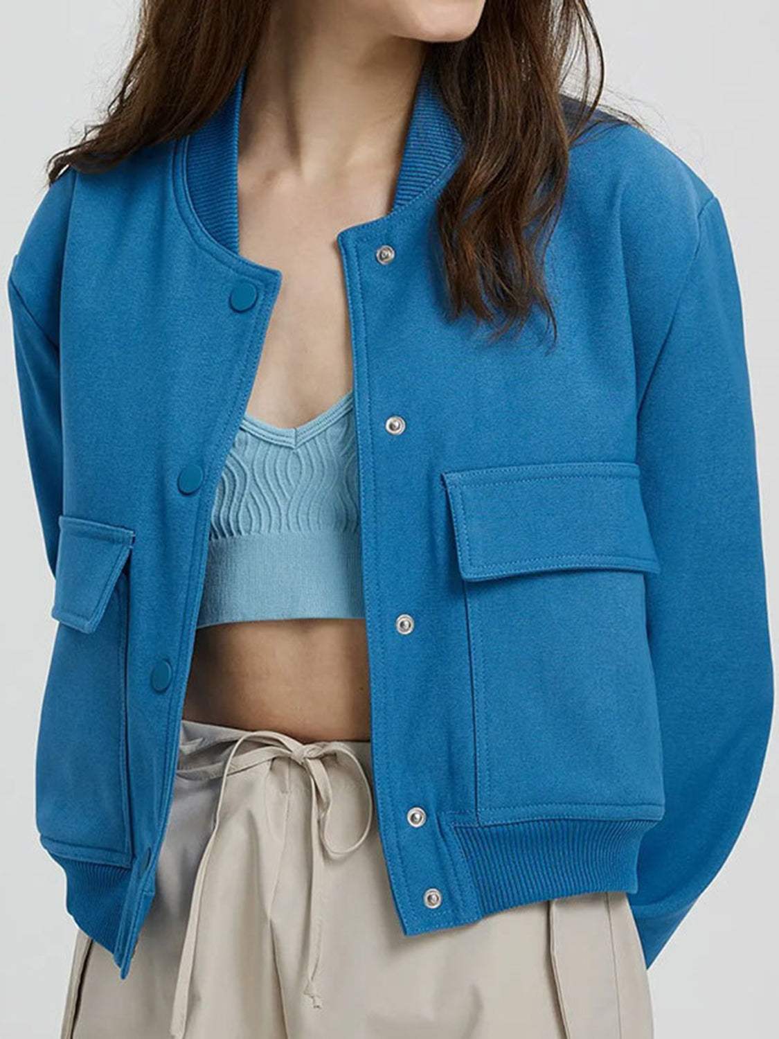 Pocketed Snap Down Baseball Collar Jacket - Trendsi - Flyclothing LLC