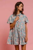 BiBi Floral Print Washed Lightweight Tiered Shirt Dress - Trendsi - Flyclothing LLC