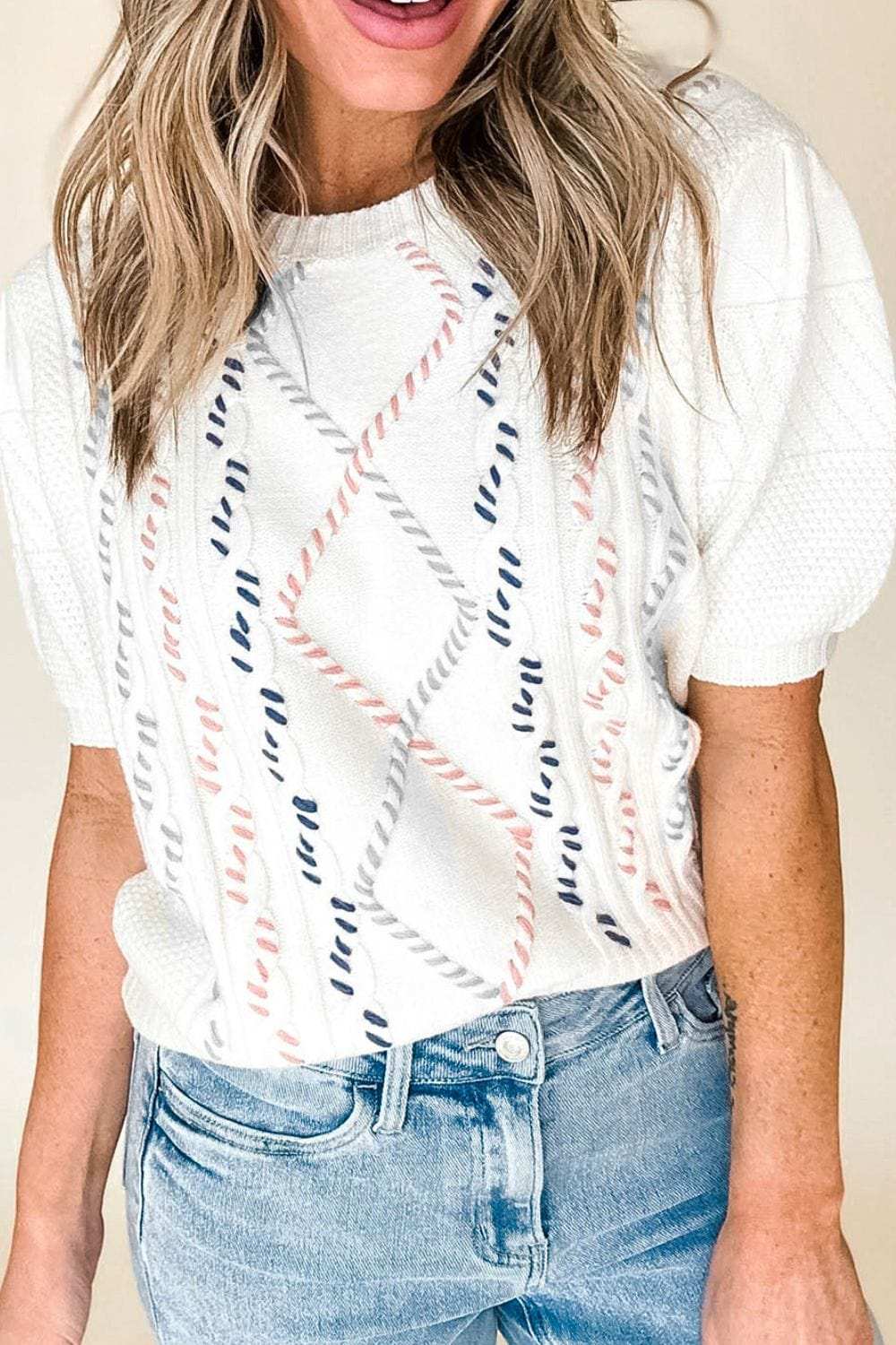 Cable Knit Round Neck Half Sleeve Sweater - Trendsi - Flyclothing LLC