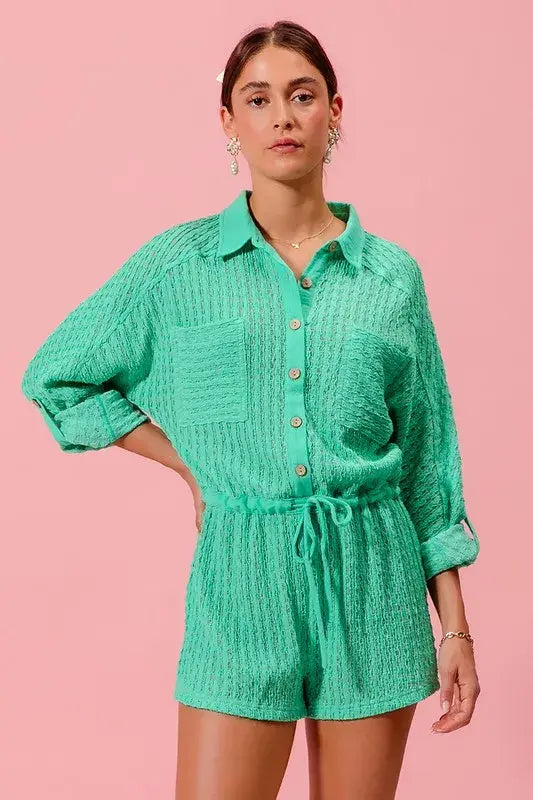 SO ME Textured Knit Button Front Romper - Trendsi - Flyclothing LLC