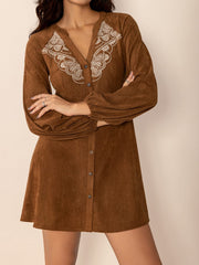 Notched Button Down Long Sleeve Mini Dress - Trendsi