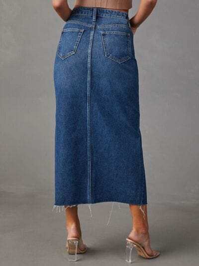 Raw Hem Front Slit Denim Midi Skirt - Trendsi - Flyclothing LLC