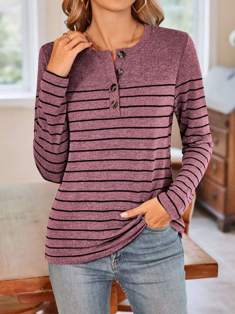 Lovelet Quarter Button Striped Round Neck Long Sleeve T-Shirt - Trendsi - Flyclothing LLC