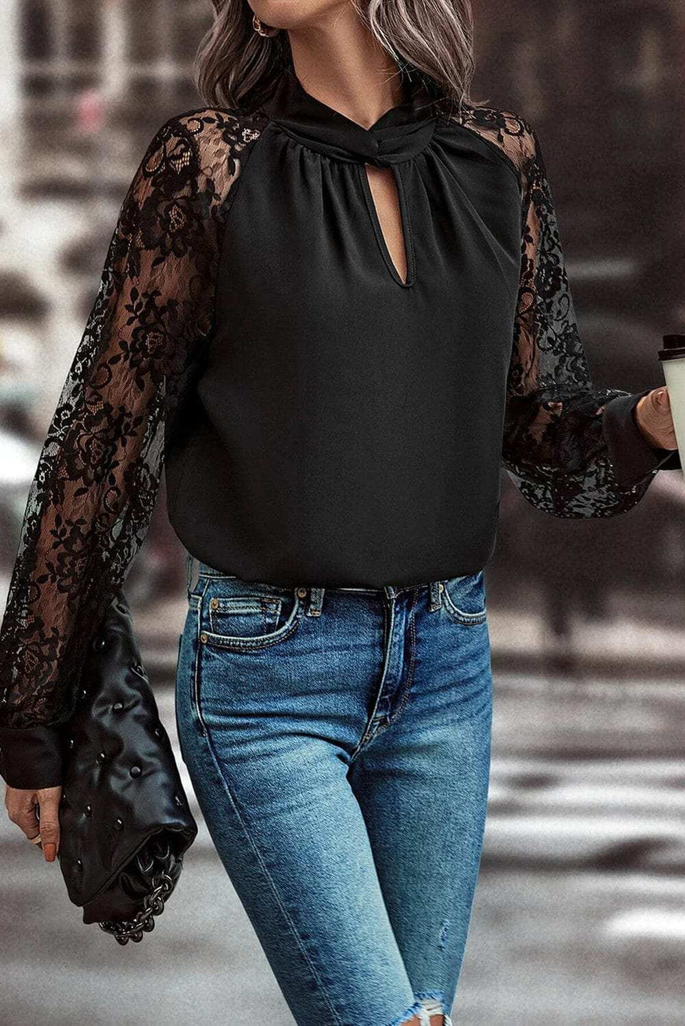 Cutout Lace Detail Long Sleeve Blouse - Trendsi - Flyclothing LLC