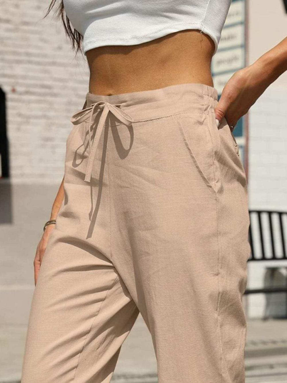 Elastic Waist Tapered Pants - Trendsi - Flyclothing LLC