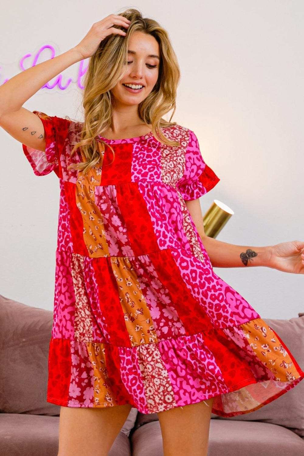 BiBi Leopard Short Sleeve Tiered Dress - Trendsi - Flyclothing LLC