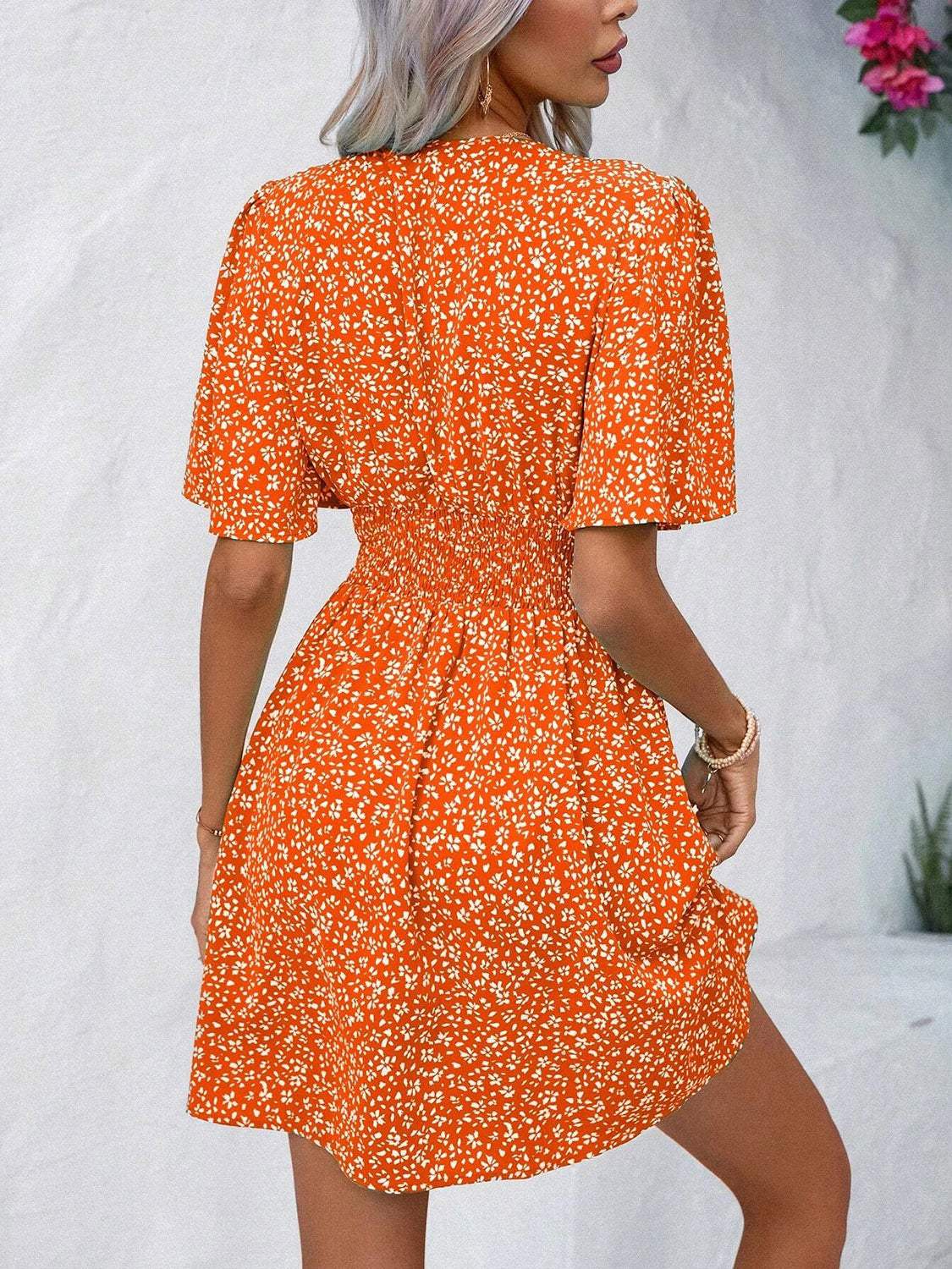 Printed V-Neck Half Sleeve Mini Dress - Trendsi - Flyclothing LLC