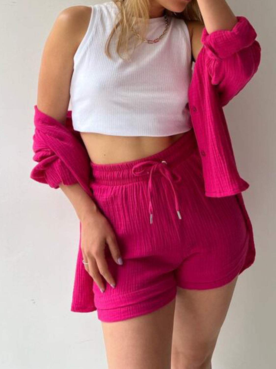 Texture Button Up Shirt and Drawstring Shorts Set - Trendsi - Flyclothing LLC