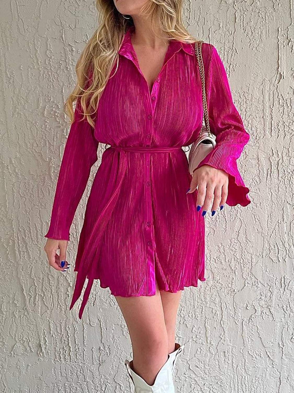 Tied Button Up Long Sleeve Dress - Trendsi - Flyclothing LLC