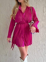 Tied Button Up Long Sleeve Dress - Trendsi - Flyclothing LLC