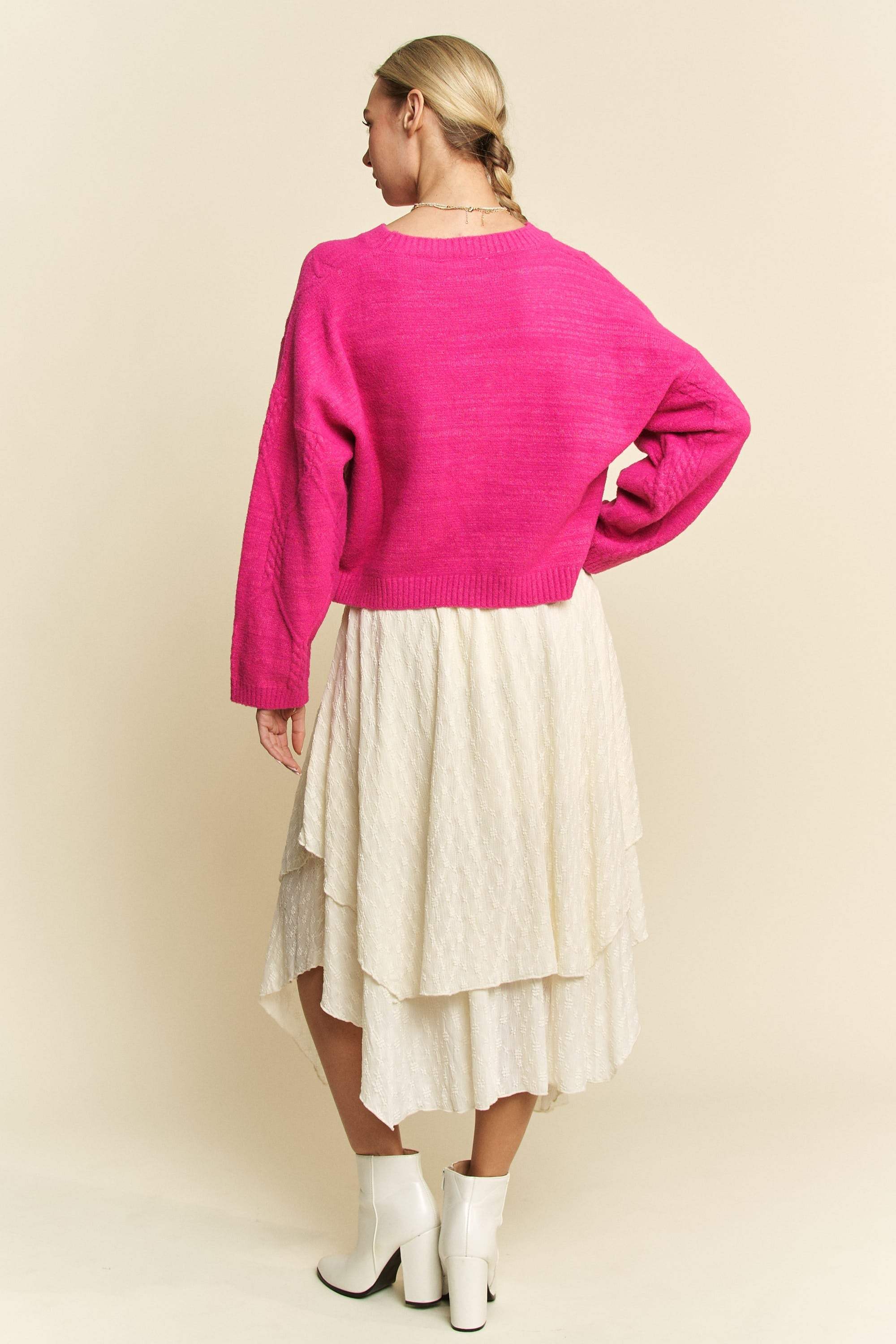 Davi & Dani Diamond Cable Pattern Drop Shoulder Sweater - Trendsi - Flyclothing LLC