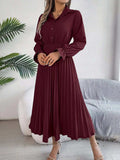 Pleated Half Button Long Sleeve Midi Dress - Trendsi - Flyclothing LLC