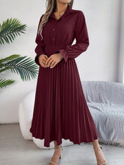 Pleated Half Button Long Sleeve Midi Dress - Trendsi