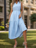 Striped Notched Sleeveless Midi Dress - Trendsi