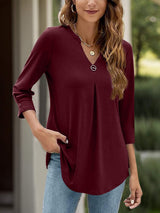 Notched Three-Quarter Sleeve T-Shirt - Trendsi - Flyclothing LLC