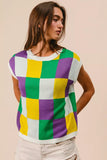 BiBi Mardi Gras Checker Pattern Sleeveless Sweater Top - Trendsi - Flyclothing LLC
