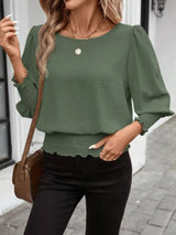 Smocked Waist Round Neck Blouse - Trendsi - Flyclothing LLC