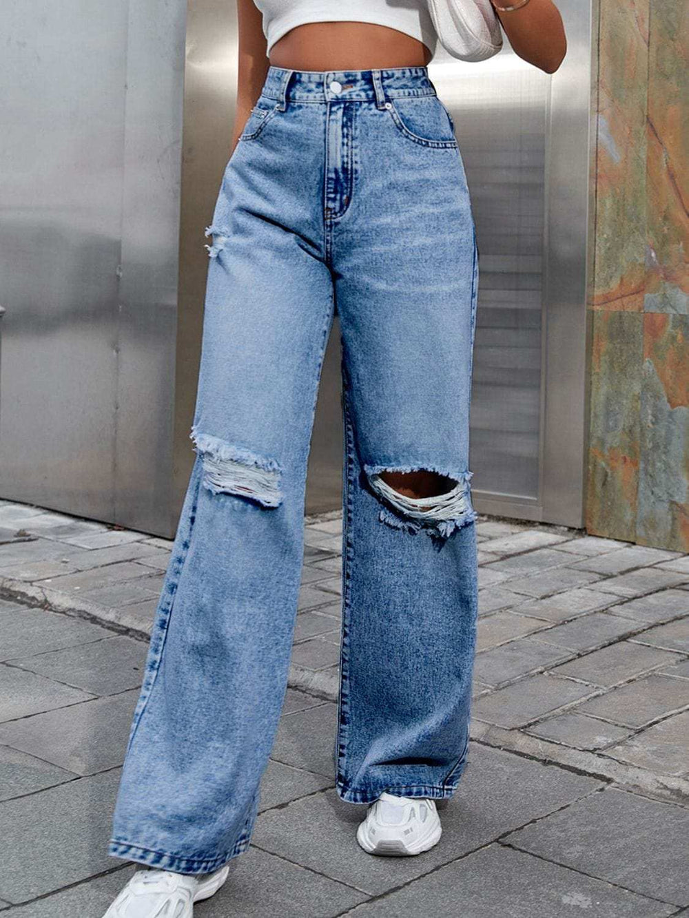 Distressed Wide Leg Jeans with Pockets - Trendsi - Flyclothing LLC