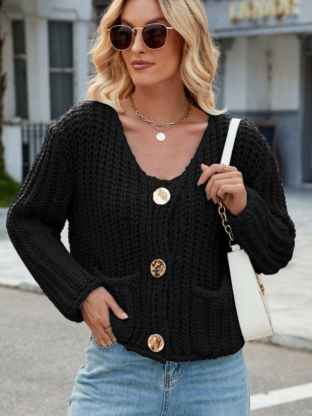 Round Neck Button Up Cardigan with Pockets - Trendsi - Flyclothing LLC