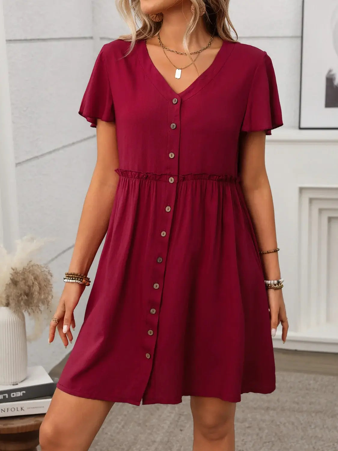 Button Front Flutter Sleeve Dress - Trendsi - Flyclothing LLC