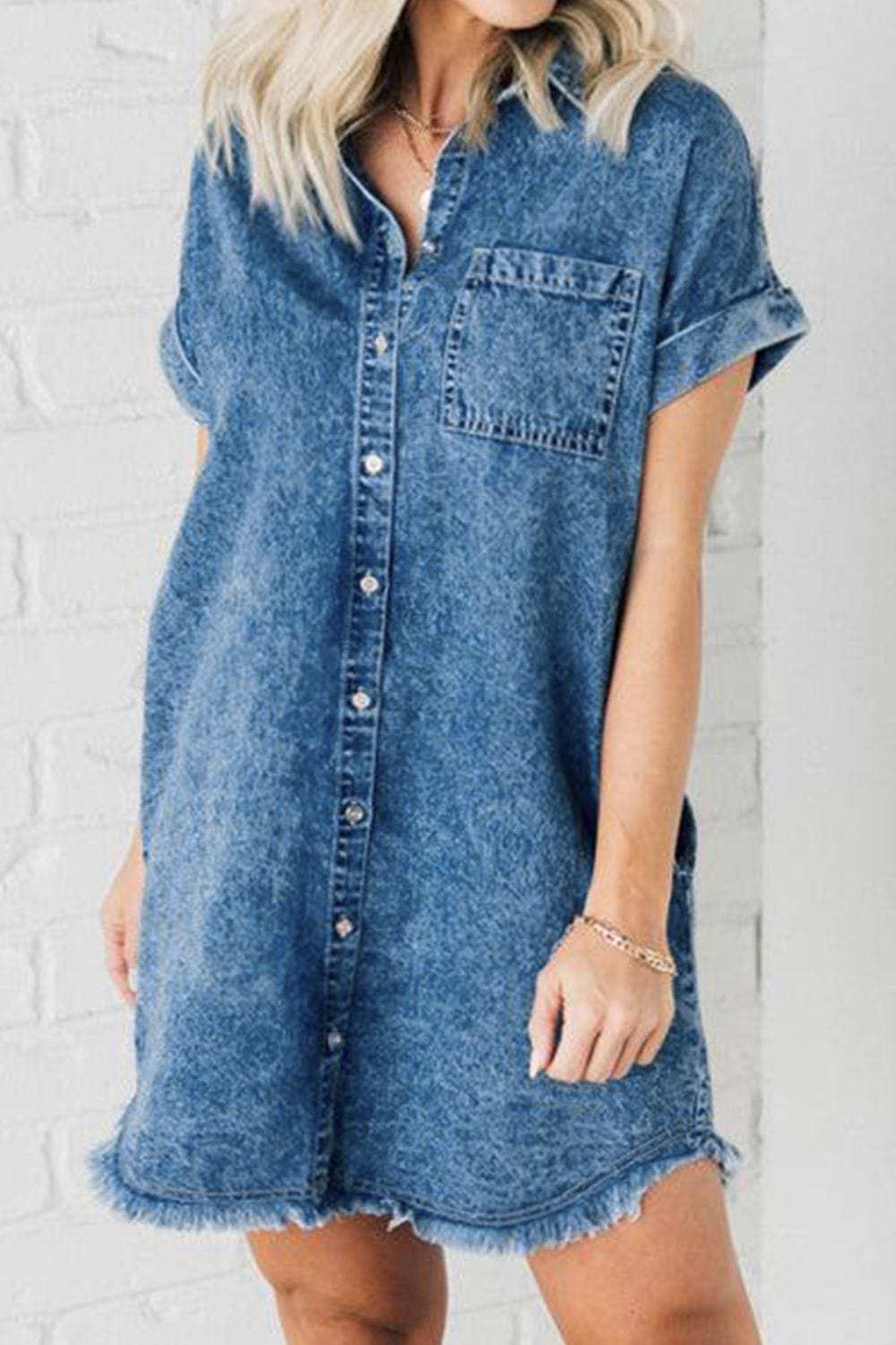 Raw Hem Pocketed Cap Sleeve Denim Dress - Trendsi - Flyclothing LLC