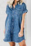 Raw Hem Pocketed Cap Sleeve Denim Dress - Trendsi
