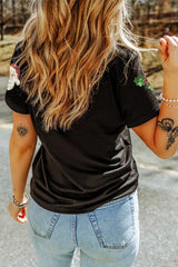 Christmas Holly Santa Claus Sequin Patched Graphic Tee - Trendsi - Flyclothing LLC