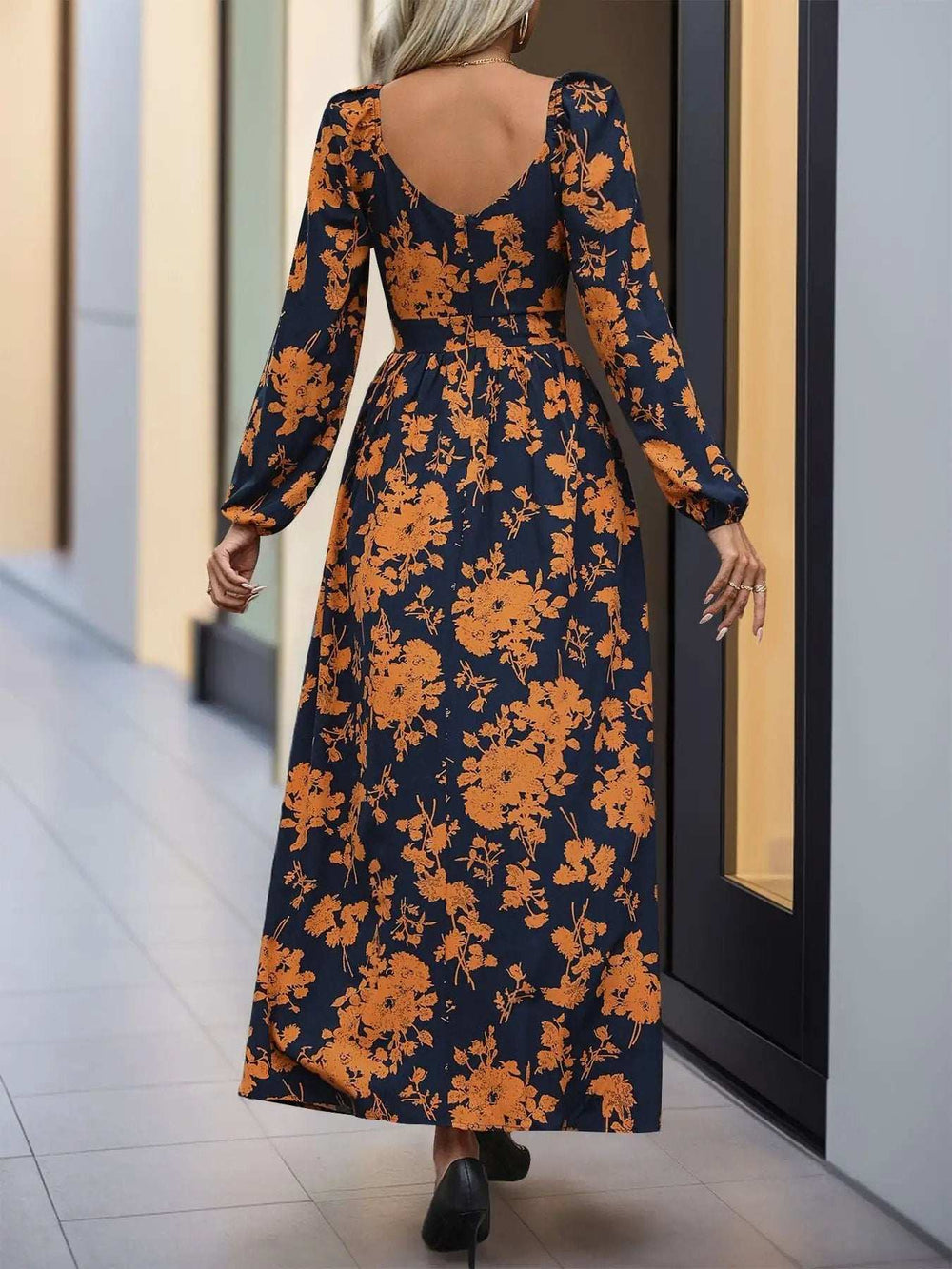 Split Printed Surplice Long Sleeve Midi Dress - Trendsi - Flyclothing LLC