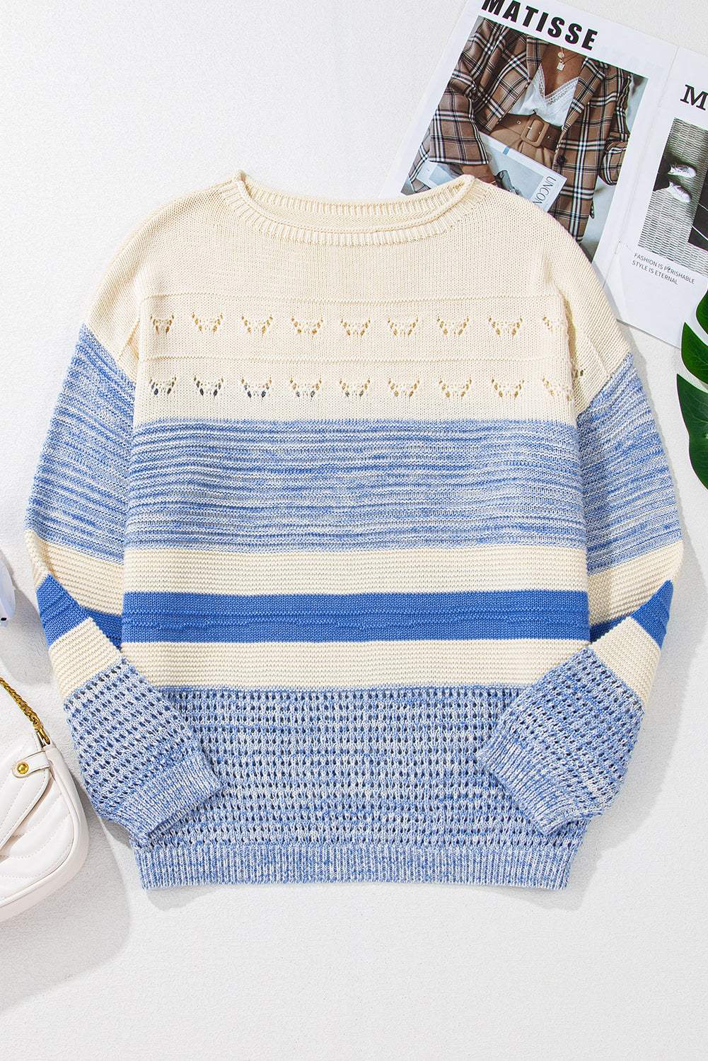 Contrast Round Neck Long Sleeve Sweater - Trendsi - Flyclothing LLC