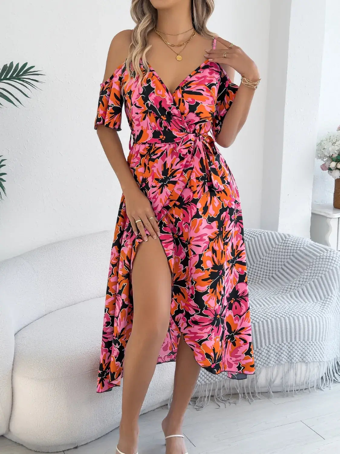 Printed Cold Shoulder Midi Cami Dress - Trendsi - Flyclothing LLC