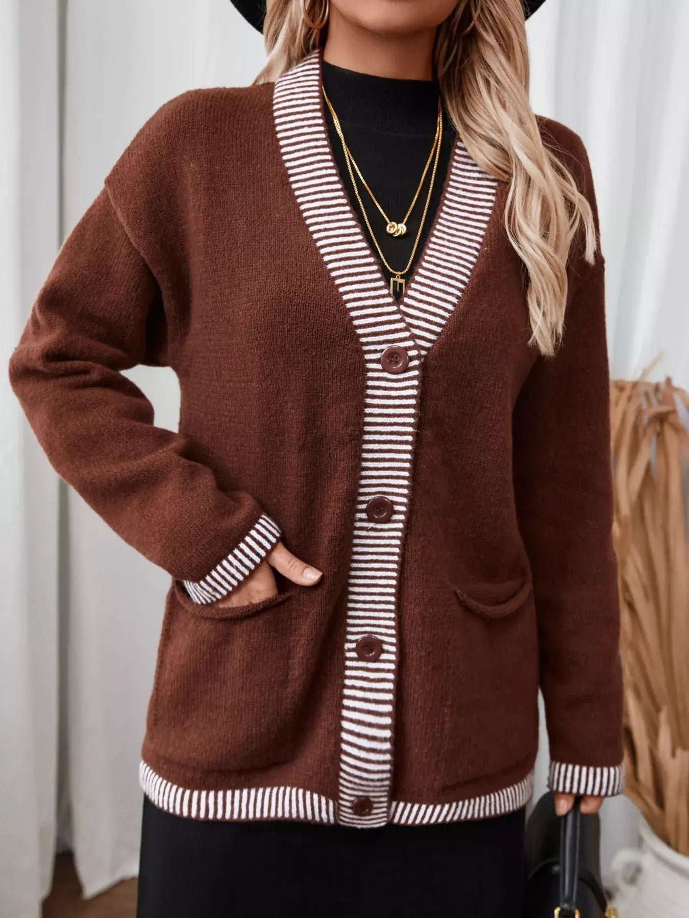 Striped Trim Button Front Pocket Knit Cardigan - Trendsi - Flyclothing LLC