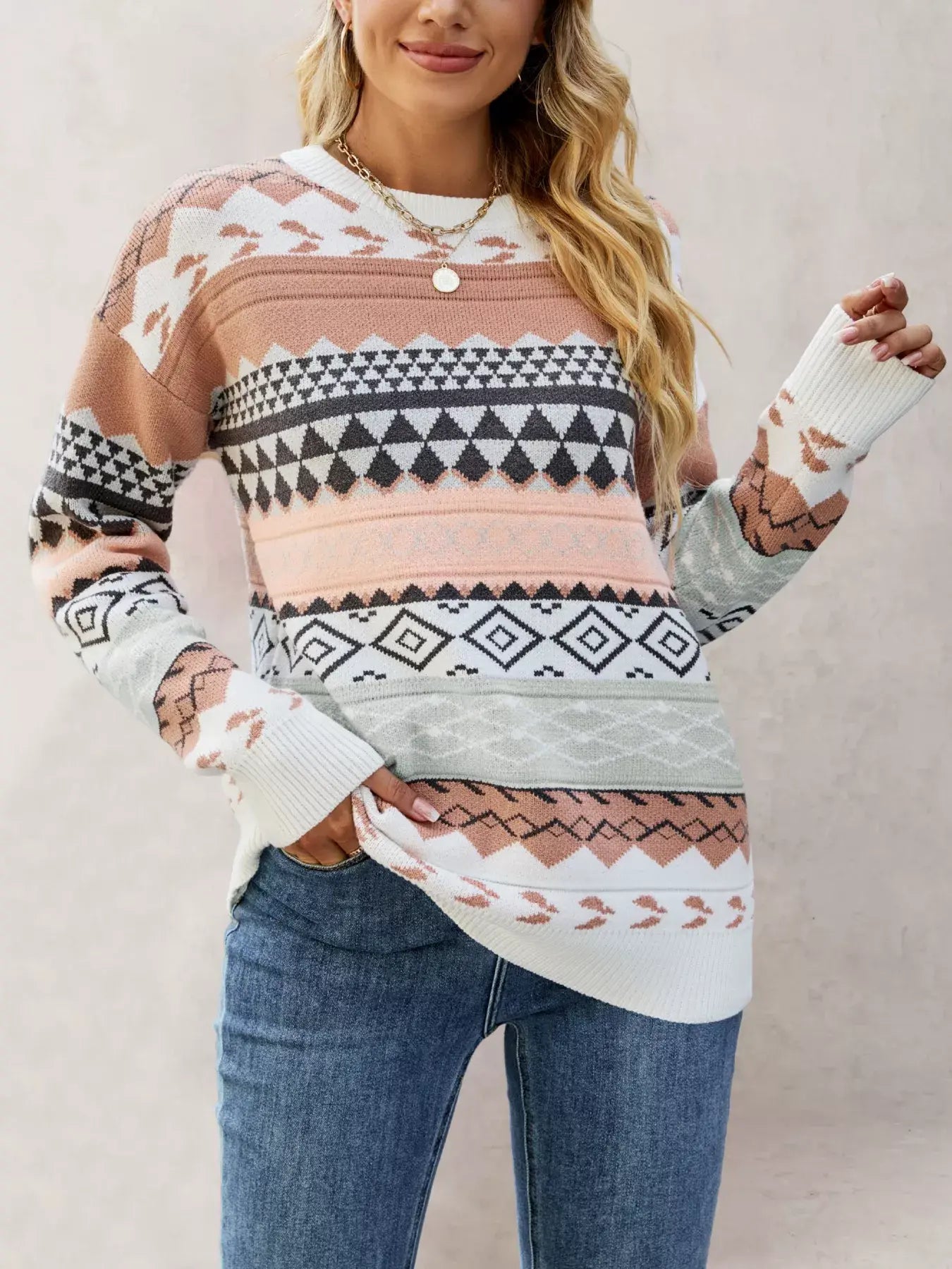 Geometric Pattern Round Neck Sweater - Trendsi - Flyclothing LLC