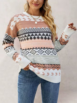 Geometric Pattern Round Neck Sweater - Trendsi - Flyclothing LLC