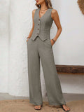 V-Neck Button Down Vest and Wide Leg Pants Set - Trendsi - Flyclothing LLC