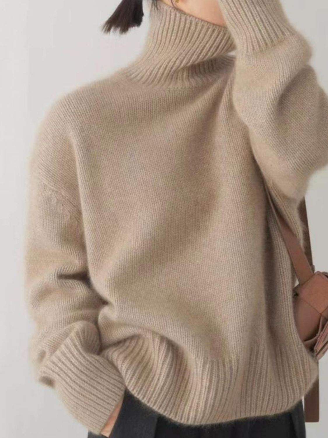 Turtleneck Dropped Shoulder Long Sleeve Sweater - Trendsi - Flyclothing LLC