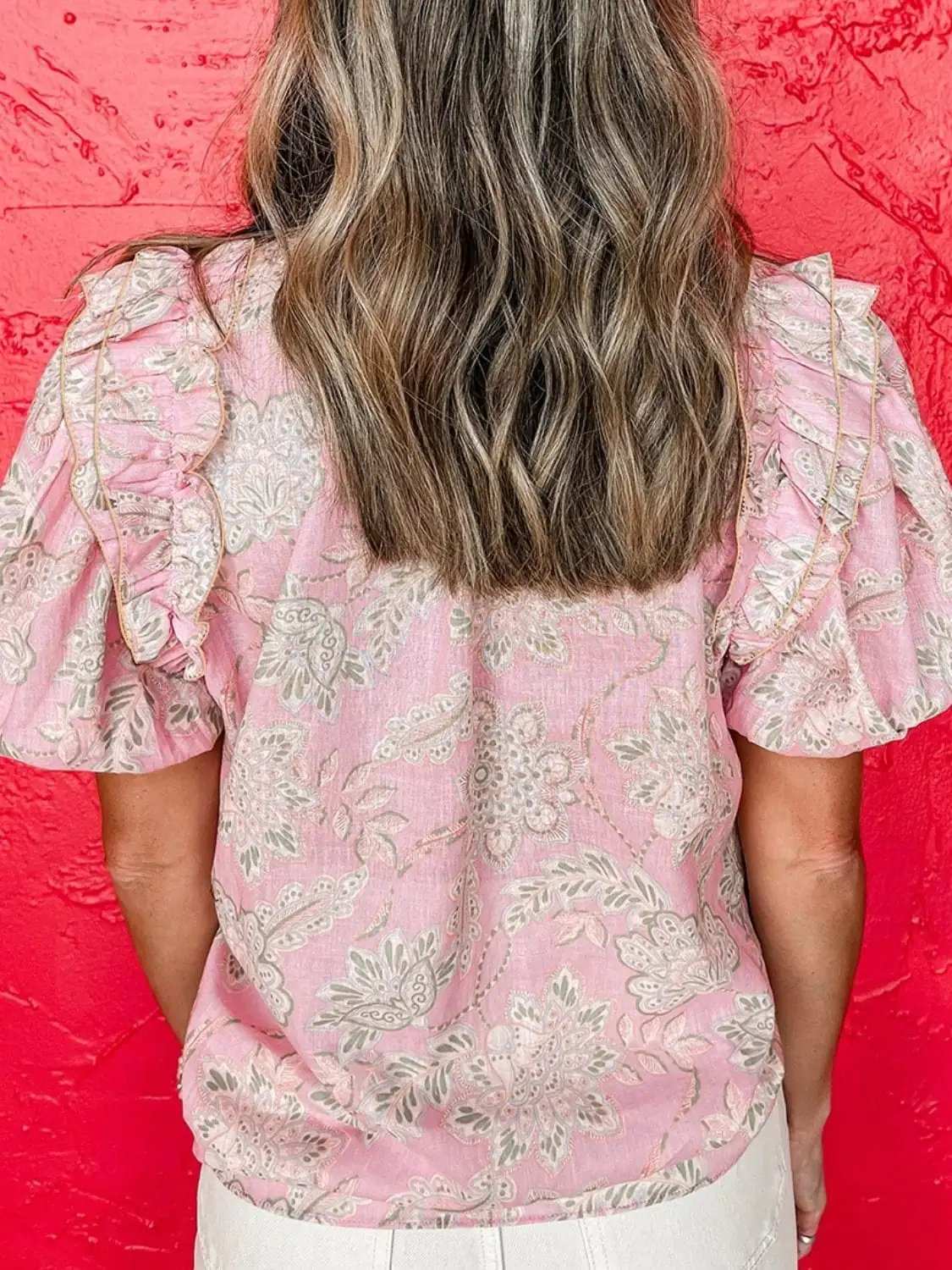 Floral Tie Neck Puff Sleeve Blouse - Trendsi - Flyclothing LLC