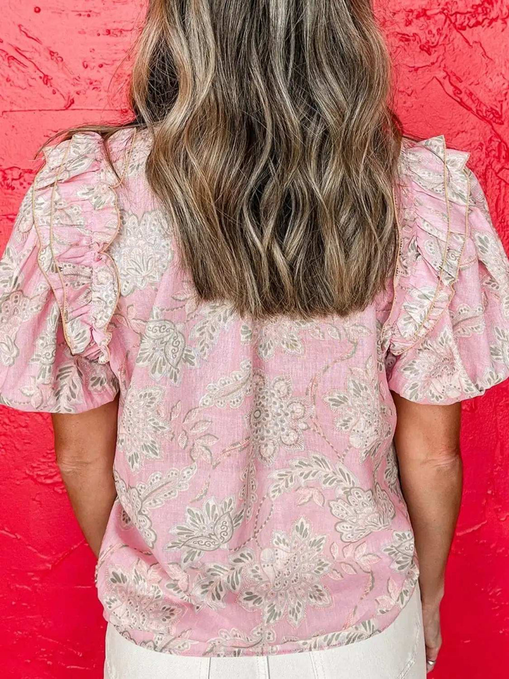 Floral Tie Neck Puff Sleeve Blouse - Trendsi - Flyclothing LLC