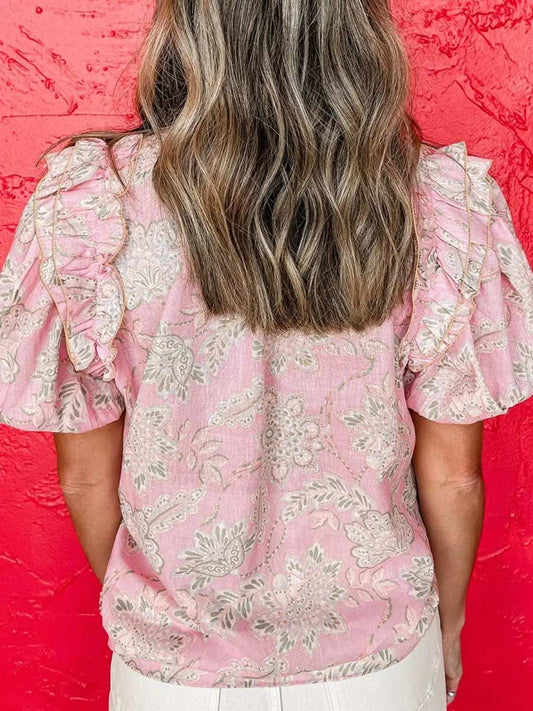 Floral Tie Neck Puff Sleeve Blouse - Trendsi - Flyclothing LLC