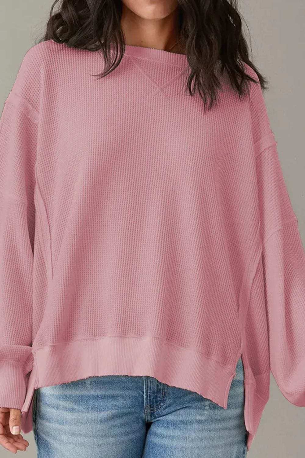 Slit Waffle-Knit Round Neck Long Sleeve Top - Trendsi - Flyclothing LLC