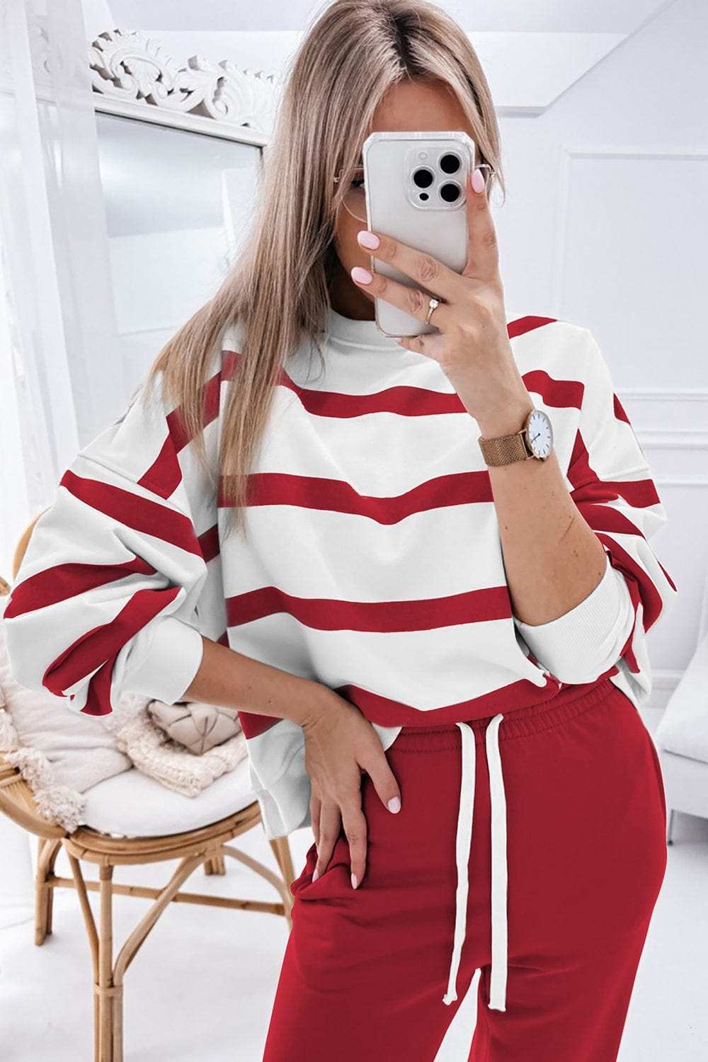 Striped Round Neck Long Sleeve Top and Pants Set - Trendsi - Flyclothing LLC