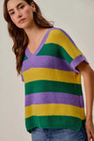 SO ME Mardi Gras Loose Fit V Neck Stripe Sweater Top - Trendsi - Flyclothing LLC