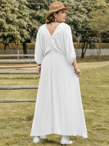 Plus Size Swiss Dot V-Neck Three-Quarter Sleeve Dress - Trendsi - Flyclothing LLC
