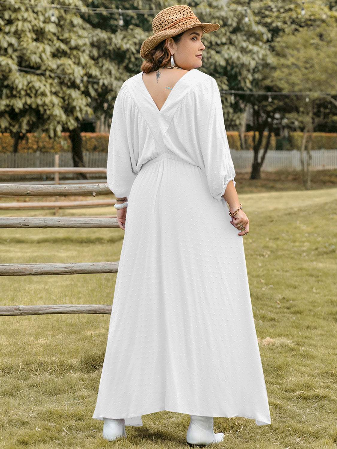 Plus Size Swiss Dot V-Neck Three-Quarter Sleeve Dress - Trendsi - Flyclothing LLC
