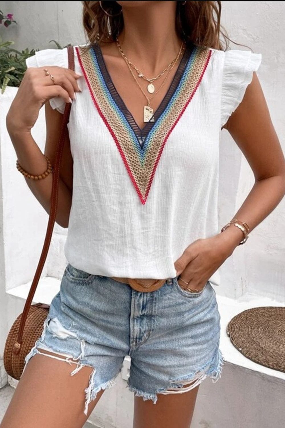 Full Size Ruffled V-Neck Cap Sleeve Blouse