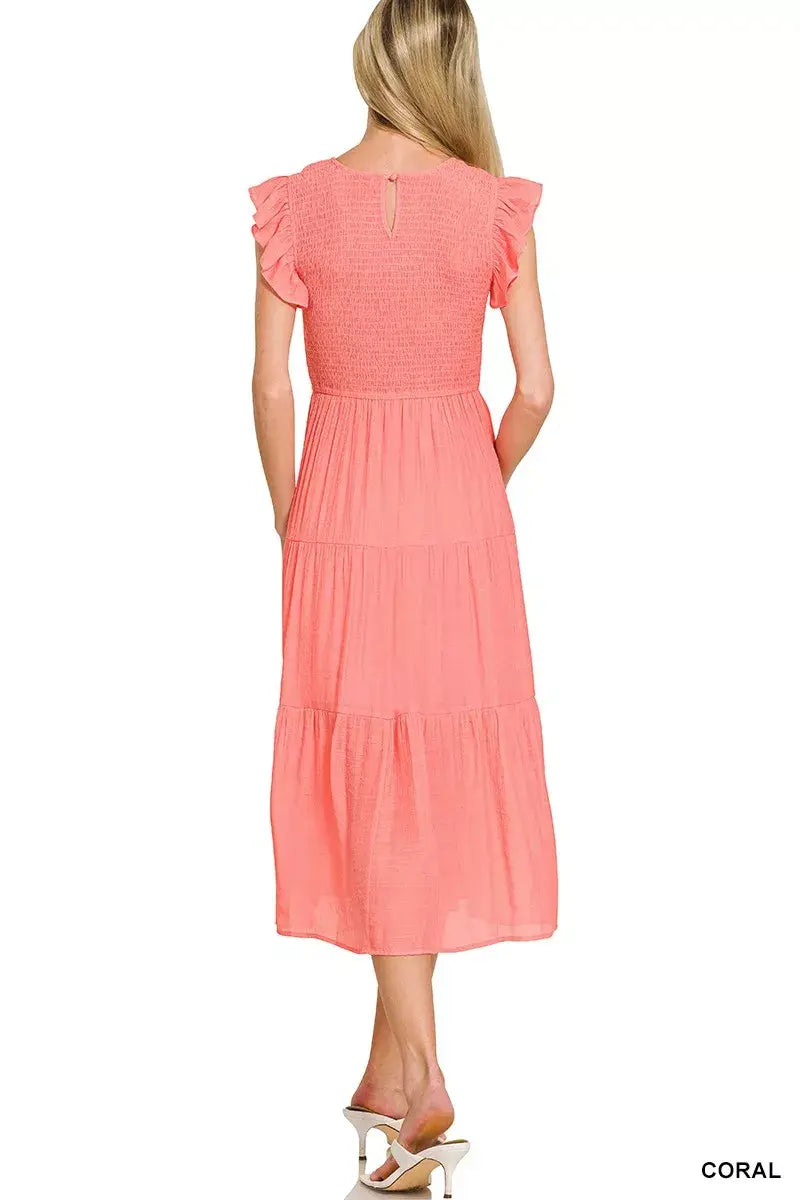 Zenana Woven Smocked Ruffle Sleeve Midi Dress - Trendsi - Flyclothing LLC