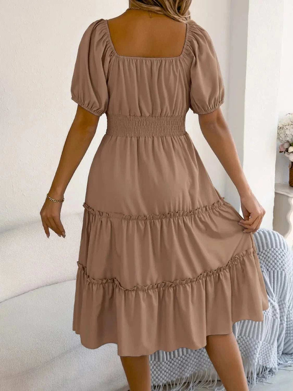 Square Neck Short Puff Sleeve Dress - Trendsi - Flyclothing LLC